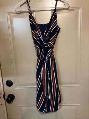 essue Navy Striped Wrap Midi Dress with white & Rust Stripes b209